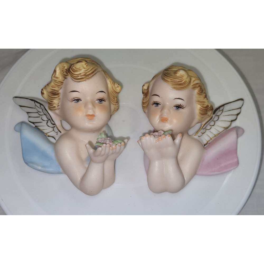 Norcrest Angel Wall Plaques Set of 2 Pink Blue Gold Japan Vintage Cherubs NICE!